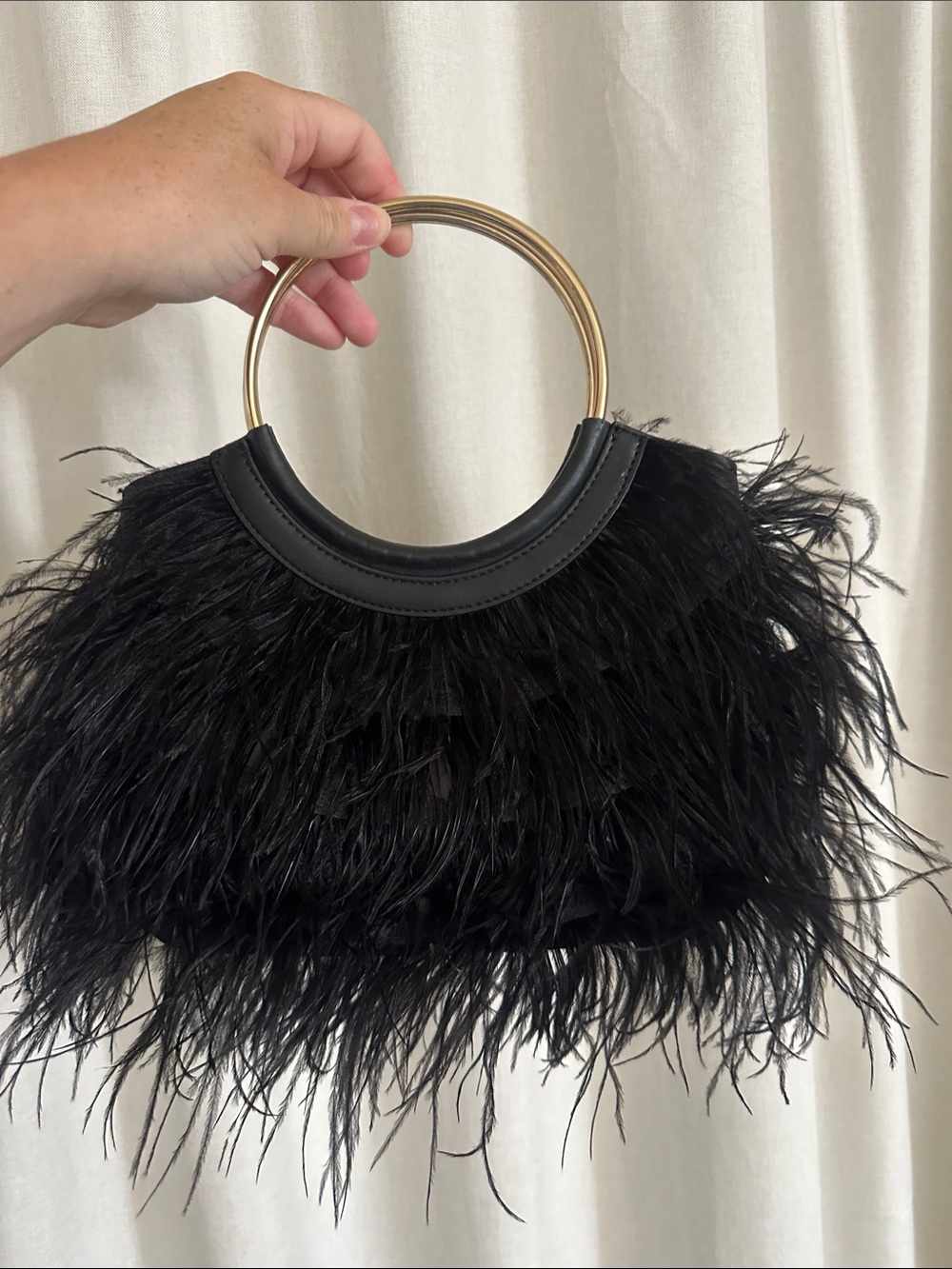 Express Black Feather Mini Bag with Gold Ring Handle